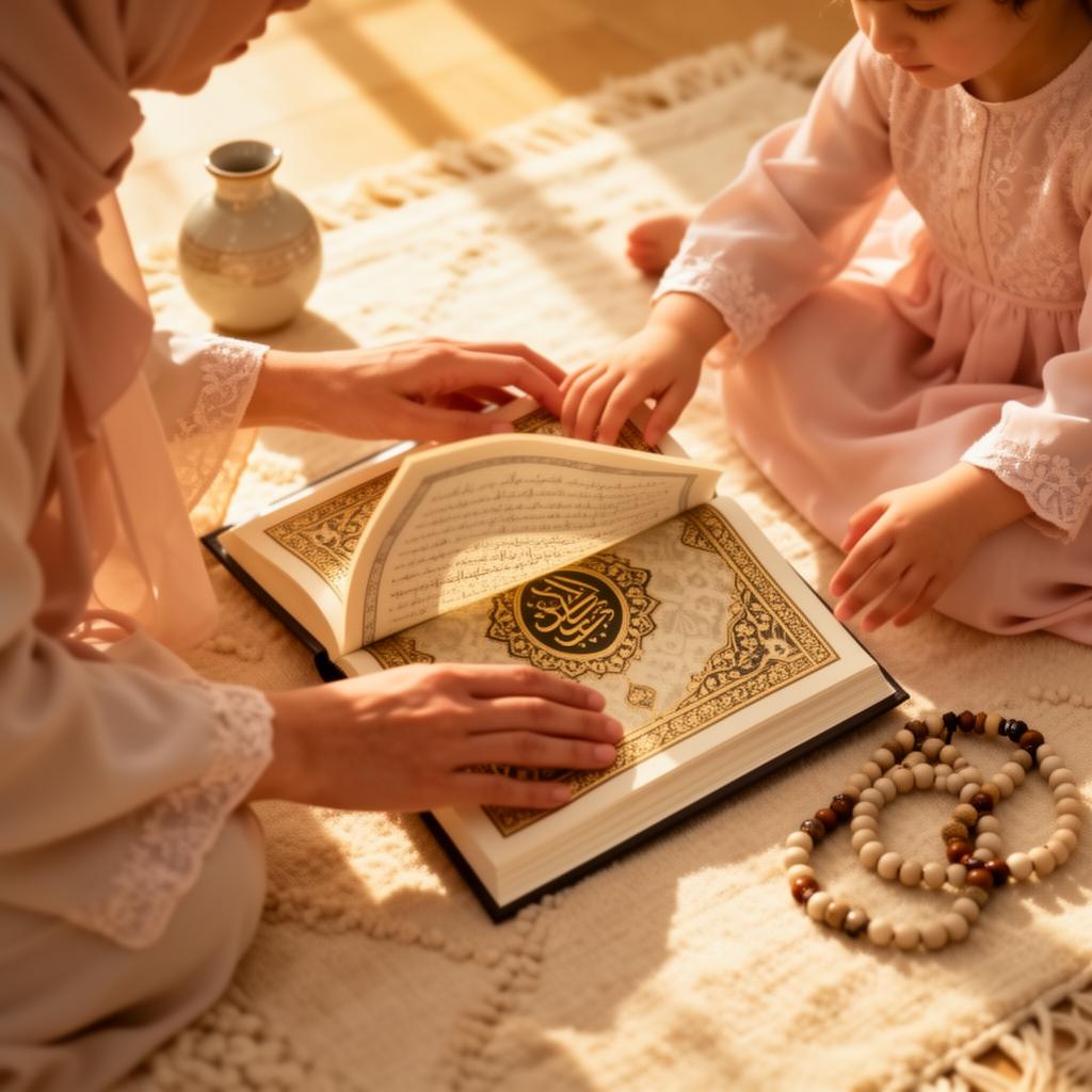 A Muslim mother and her child reading the Quran together in soft morning light